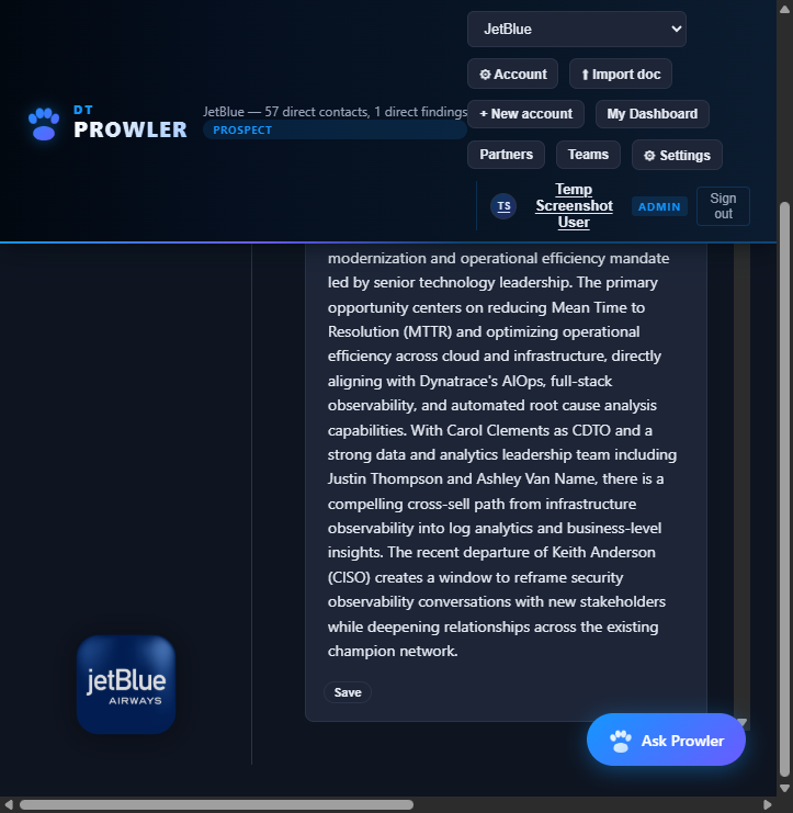AI-generated JetBlue account strategy in Advisor